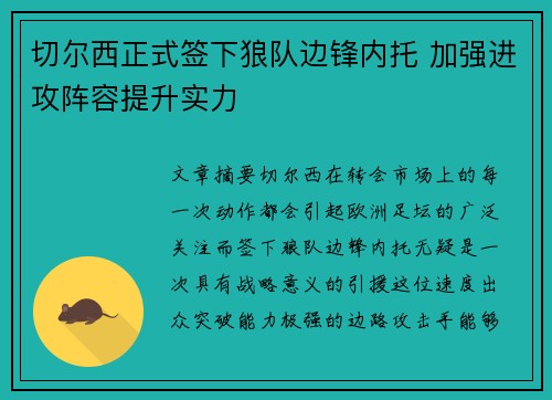 切尔西正式签下狼队边锋内托 加强进攻阵容提升实力