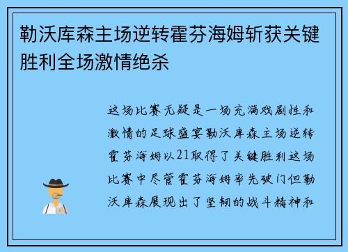 勒沃库森主场逆转霍芬海姆斩获关键胜利全场激情绝杀