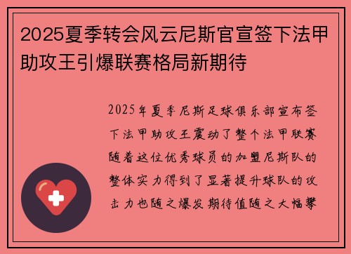 2025夏季转会风云尼斯官宣签下法甲助攻王引爆联赛格局新期待